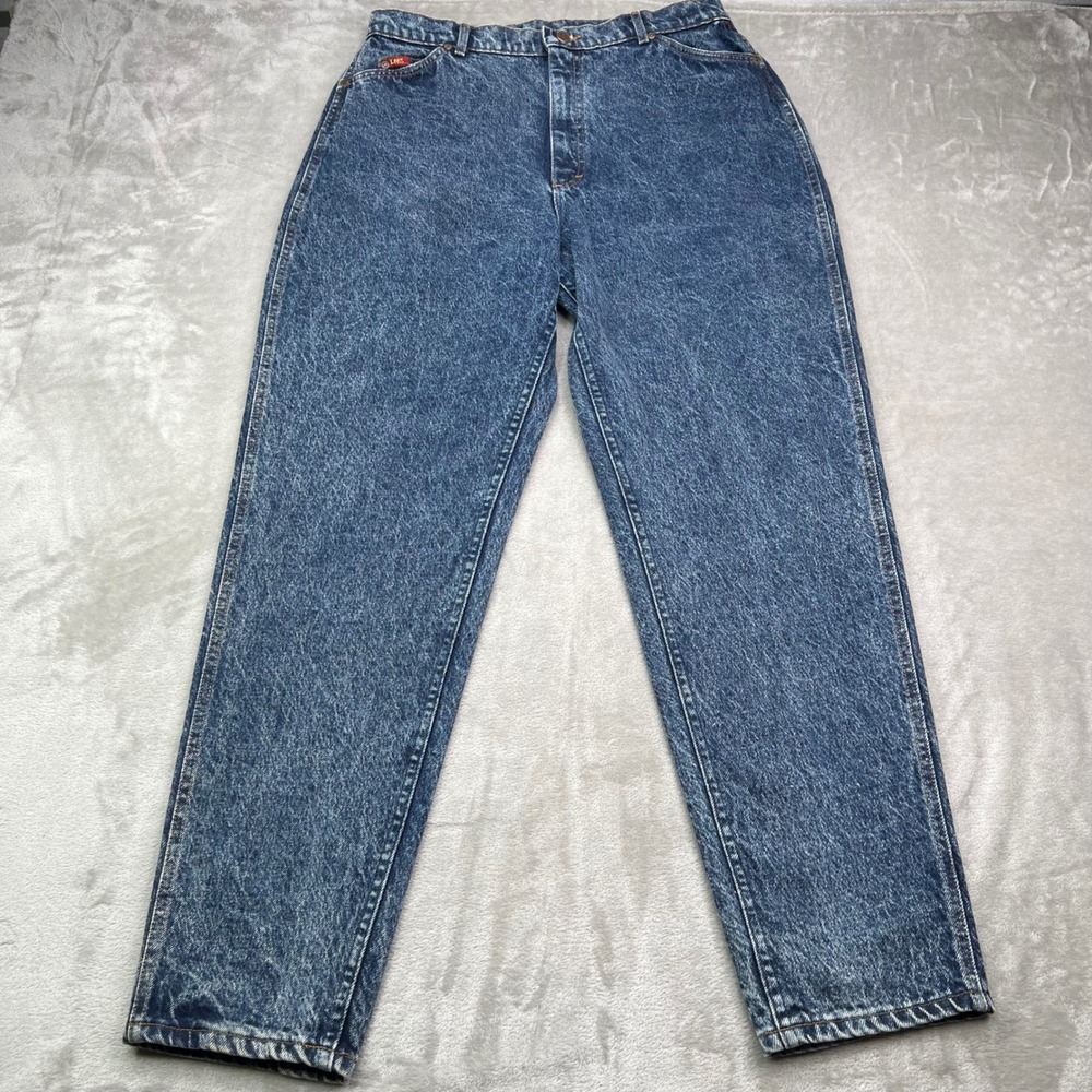 VTG Lee Jeans Womens 18 Med Blue Acid Wash High Waisted Tapered Leg Made in USA